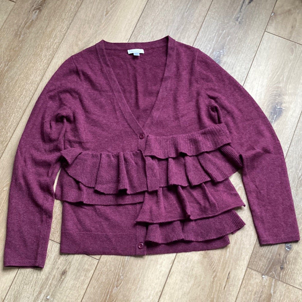 GARNET HILL Women's 100% Wool Tiered Ruffle Front Cardigan Sz S Long Sle…